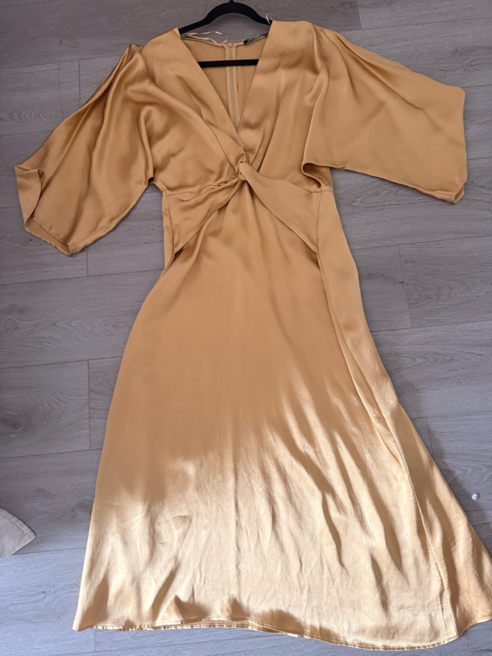 Zara Satin Mustard Twist-Front Midi Dress
